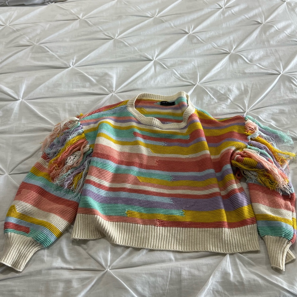 SHEIN Multicolor Striped Sweater with Fringe